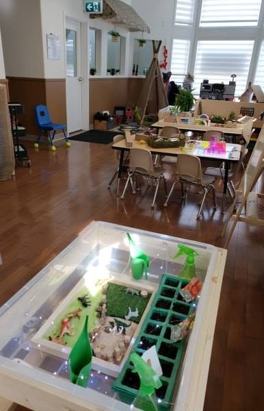 A sensory table filled with small worlds to explore